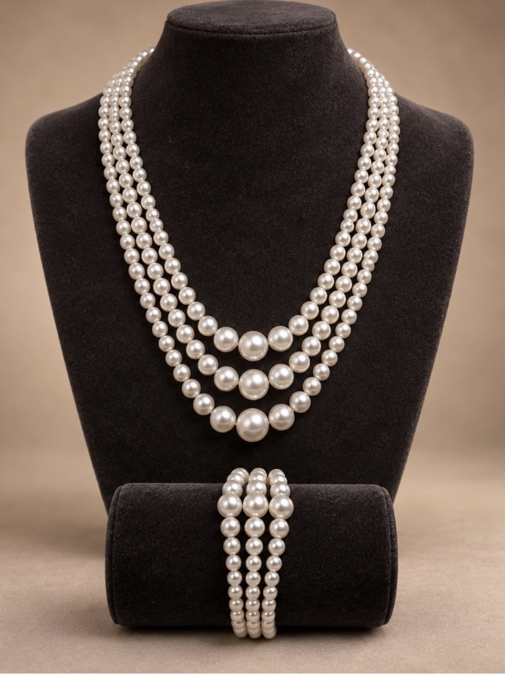 Elegant White Pearl Multi-Strand Necklace and Bracelet Set